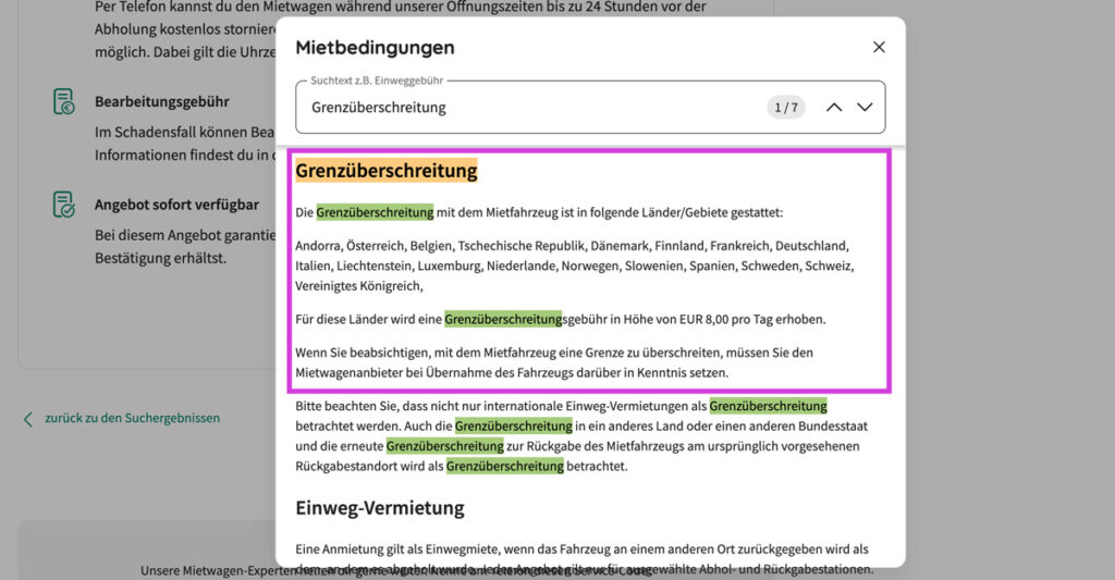 Grenzen Mietwagen
