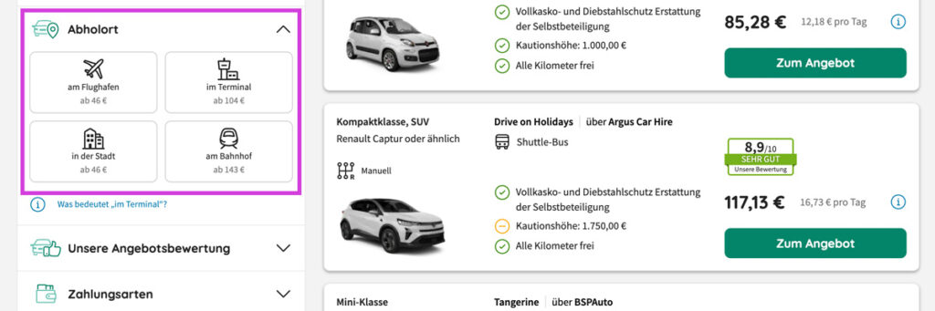 Mietwagen buchen Abholort