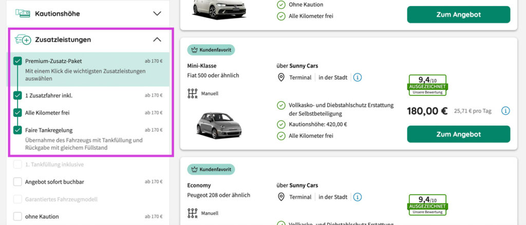 Leihwagen buchen Extras