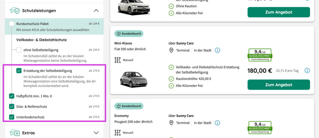 Mietwagen buchen Versicherungen