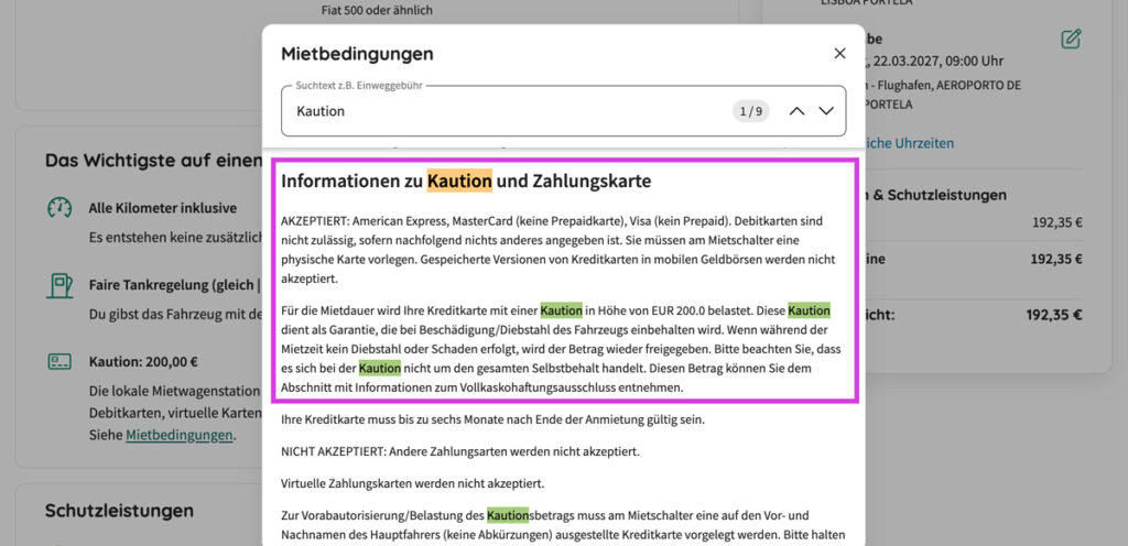Mietwagen buchen Kaution